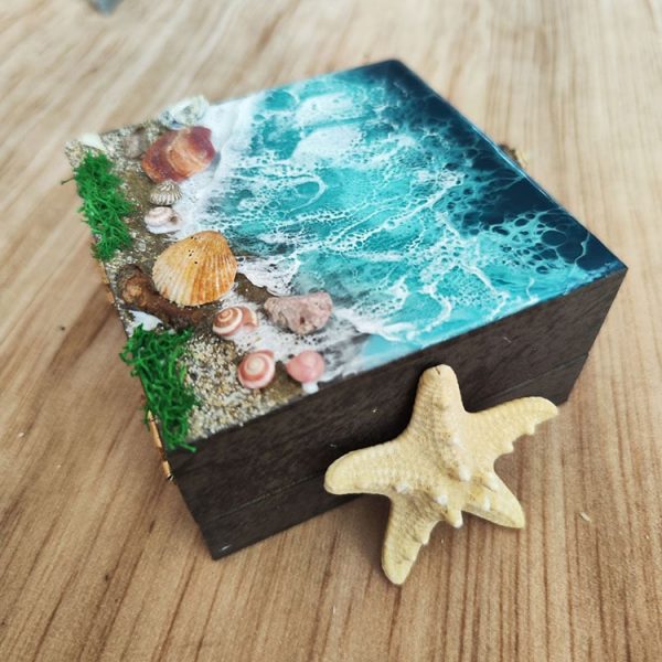 جعبه چوبی رزینی طرح دریا